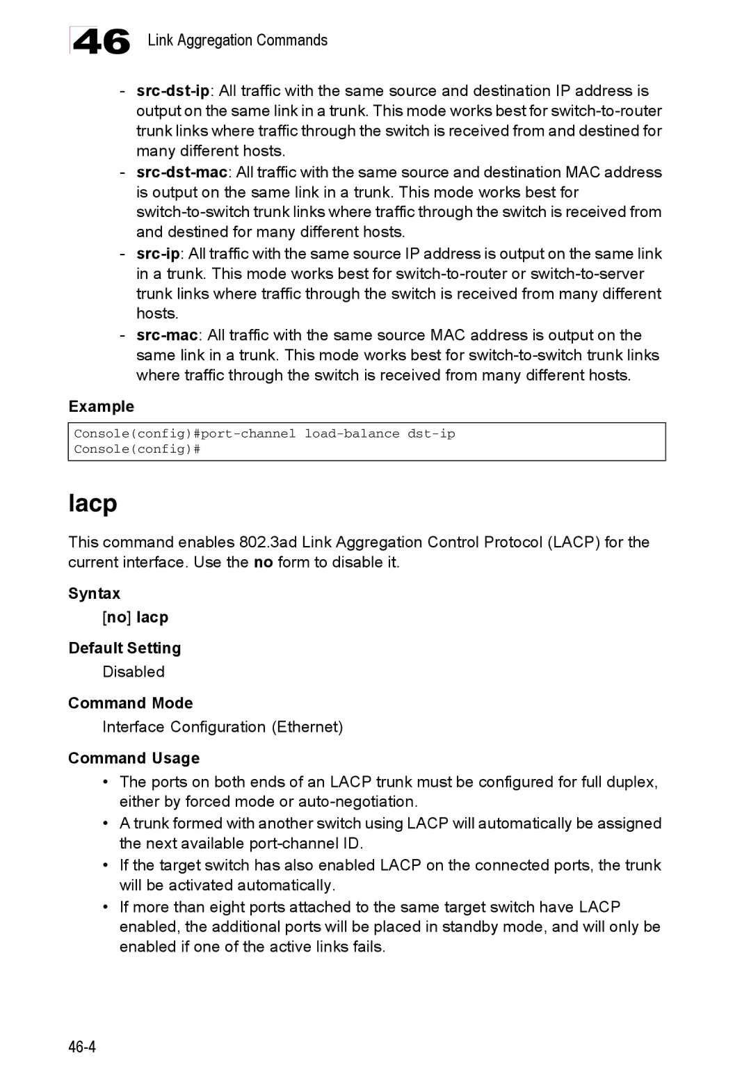 Accton Technology 24/48-Port, ES4548D, ES4524D manual Lacp, Syntax No lacp Default Setting 