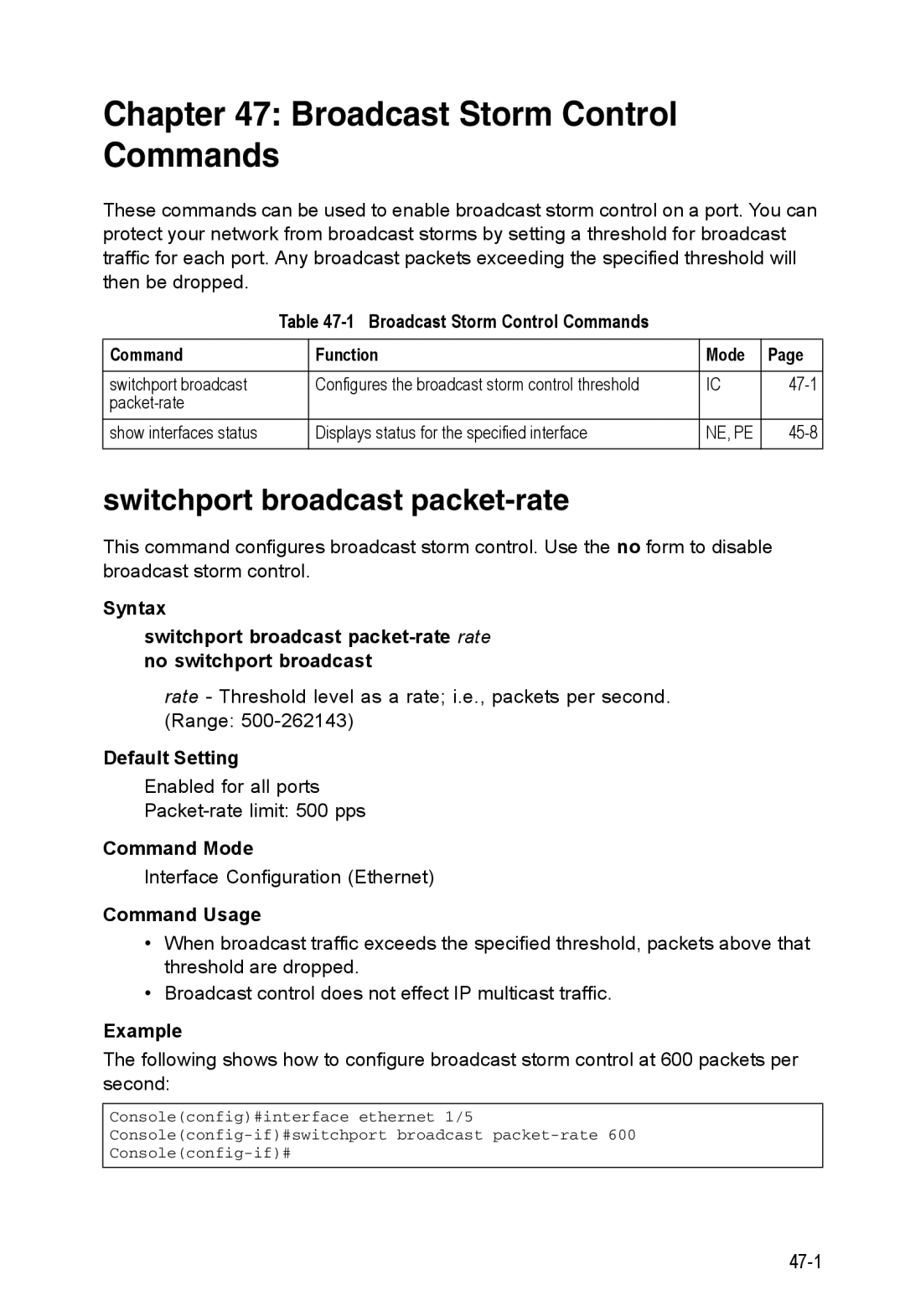 Accton Technology 24/48-Port, ES4548D, ES4524D manual Broadcast Storm Control Commands, Switchport broadcast packet-rate 