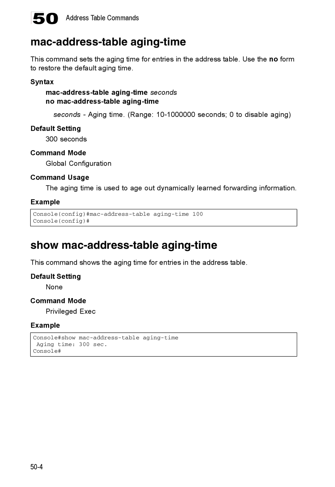 Accton Technology 24/48-Port, ES4548D, ES4524D manual Mac-address-table aging-time, Show mac-address-table aging-time 