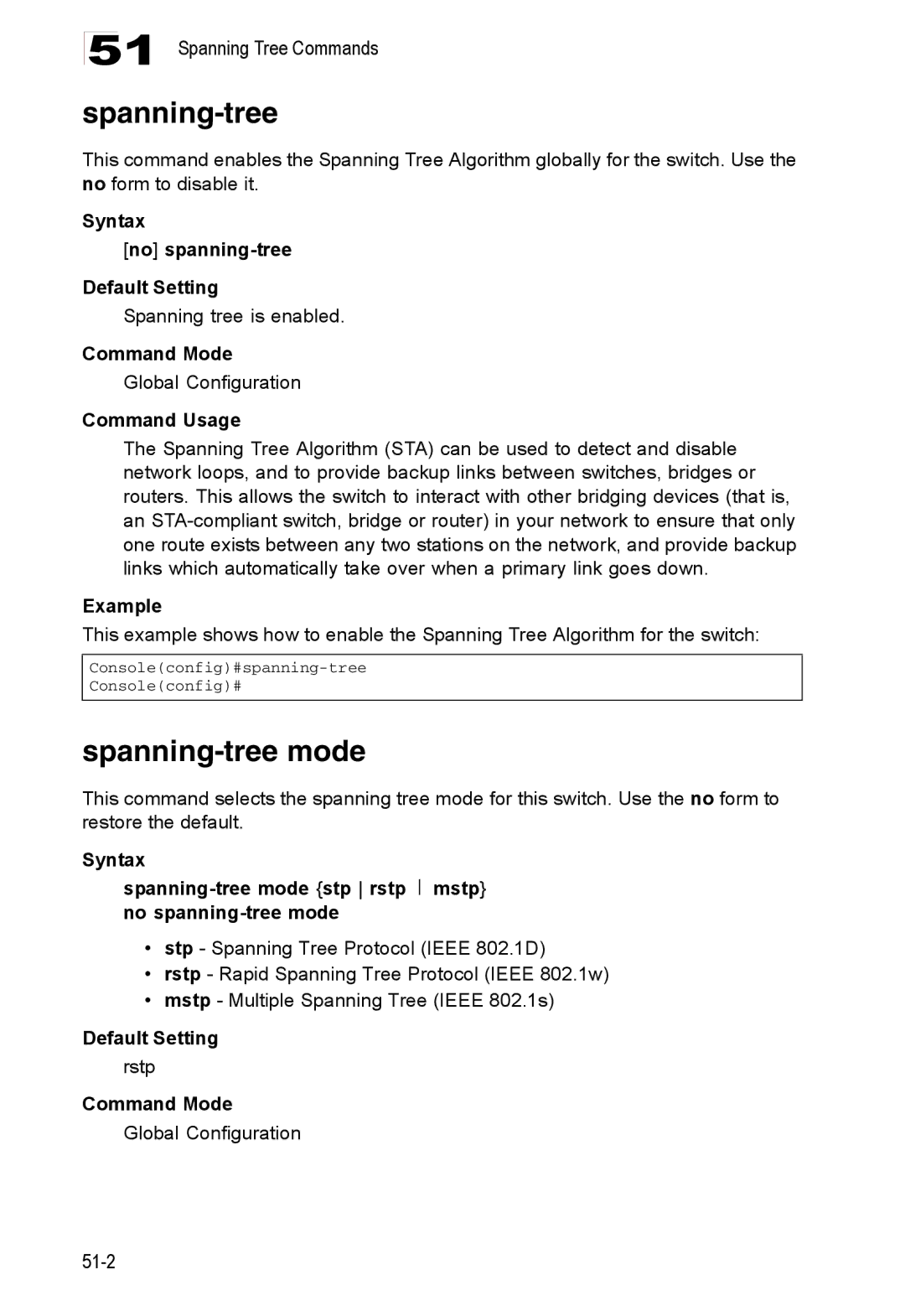 Accton Technology ES4524D Spanning-tree mode, Syntax No spanning-tree Default Setting, Spanning tree is enabled, Rstp 