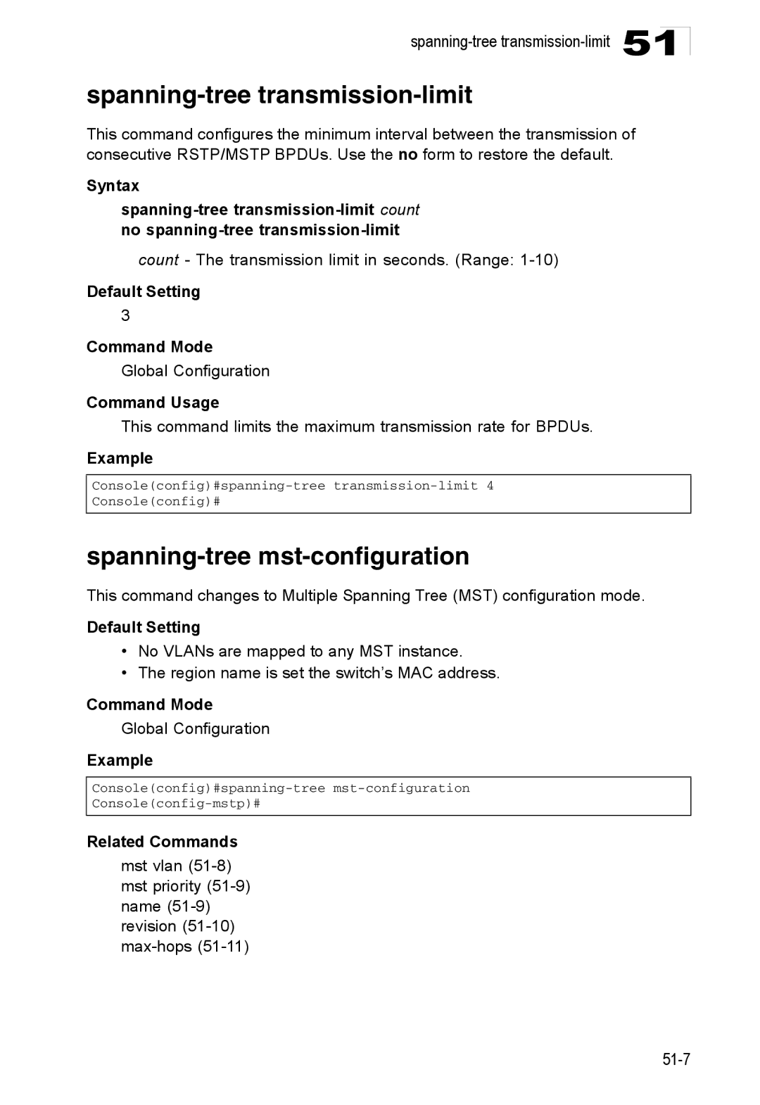 Accton Technology ES4548D, ES4524D, 24/48-Port manual Spanning-tree transmission-limit, Spanning-tree mst-configuration 