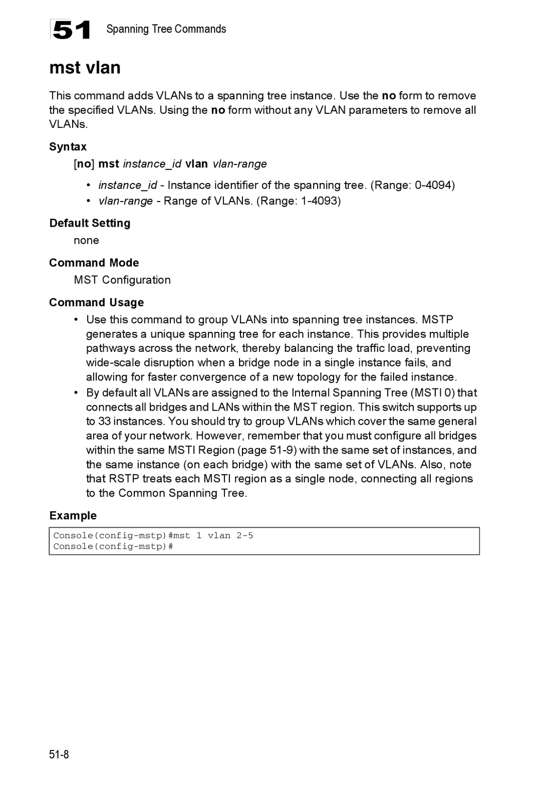 Accton Technology ES4524D, ES4548D, 24/48-Port manual Mst vlan, No mst instanceid vlan vlan-range, MST Configuration 