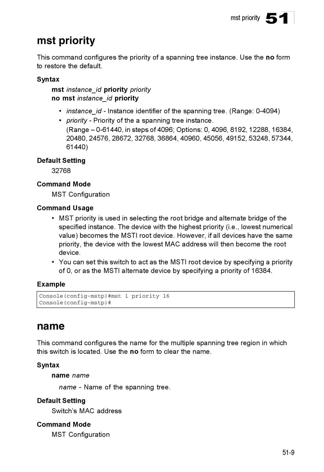 Accton Technology 24/48-Port, ES4548D manual Mst priority, Name, Mst instanceid priority priority no mst instanceid priority 