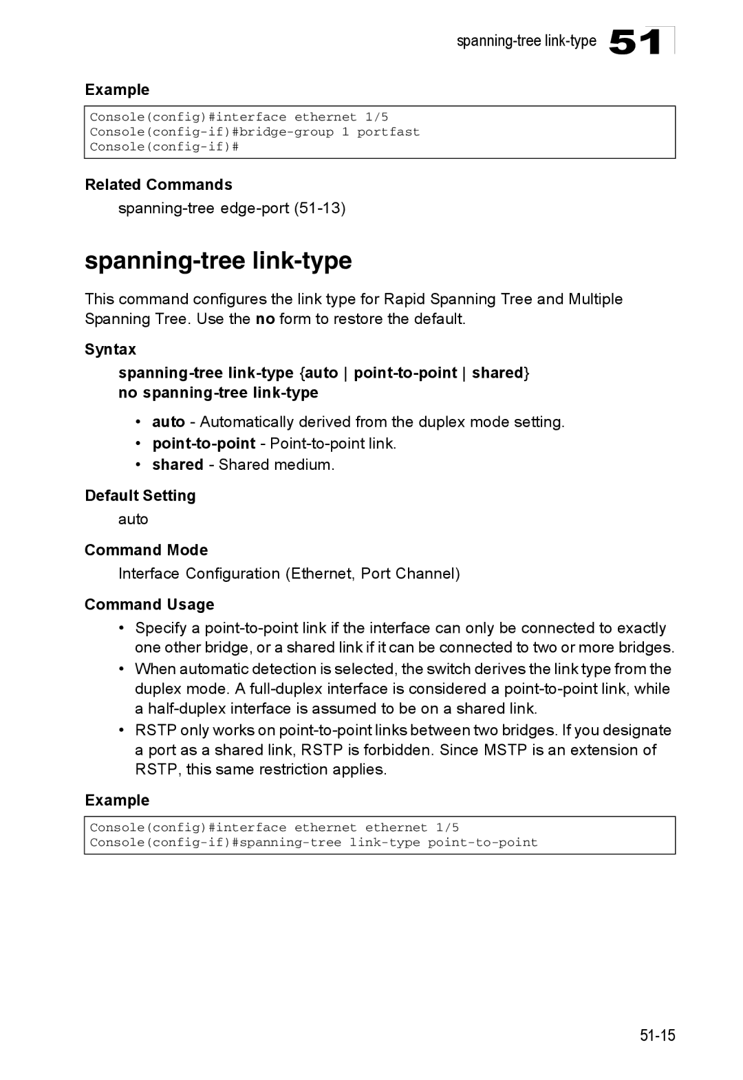 Accton Technology 24/48-Port, ES4548D, ES4524D manual Spanning-tree link-type, Spanning-treeedge-port51-13 