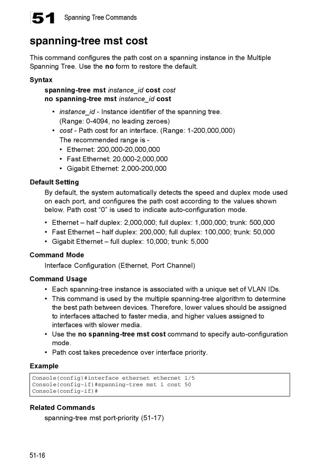 Accton Technology ES4548D, ES4524D, 24/48-Port manual Spanning-tree mst cost, Spanning-tree mst port-priority51-17 