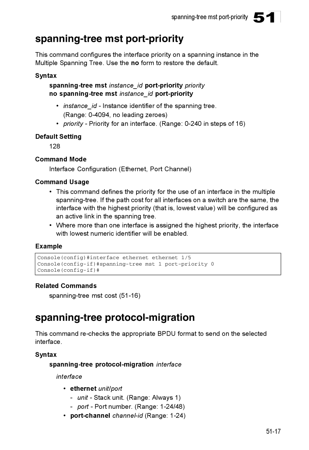 Accton Technology ES4524D, ES4548D, 24/48-Port manual Spanning-tree mst port-priority, Spanning-tree protocol-migration 