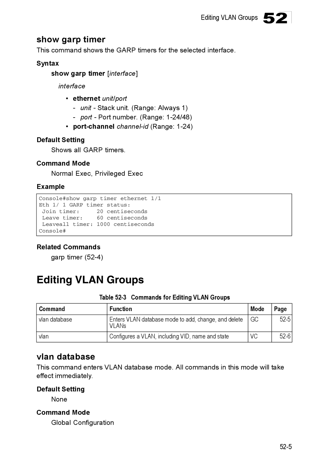 Accton Technology ES4548D, ES4524D, 24/48-Port Editing Vlan Groups, Vlan database, Syntax Show garp timer interface 