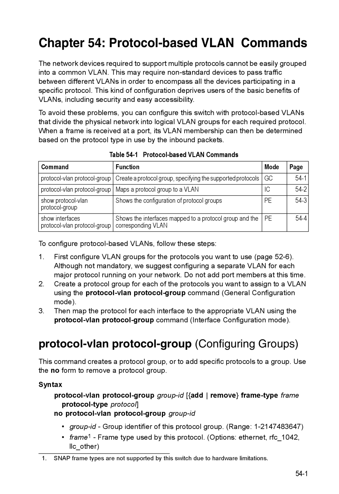 Accton Technology ES4524D, ES4548D Protocol-based Vlan Commands, Protocol-vlan protocol-group Configuring Groups, 54-4 