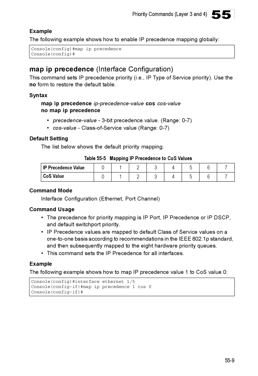 Accton Technology ES4524D manual Map ip precedence Interface Configuration, List below shows the default priority mapping 