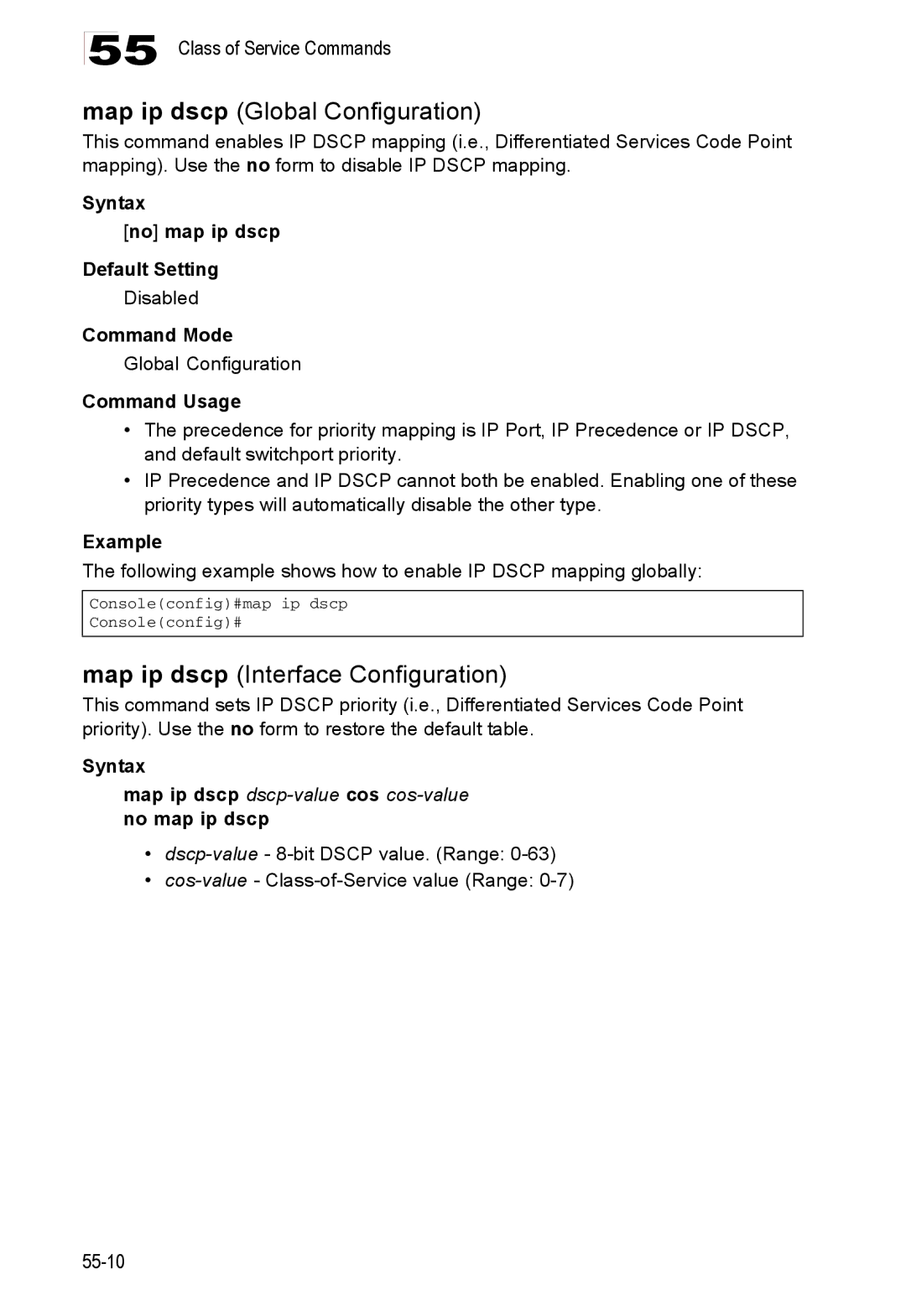 Accton Technology 24/48-Port Syntax No map ip dscp Default Setting, Map ip dscp dscp-value cos cos-value no map ip dscp 