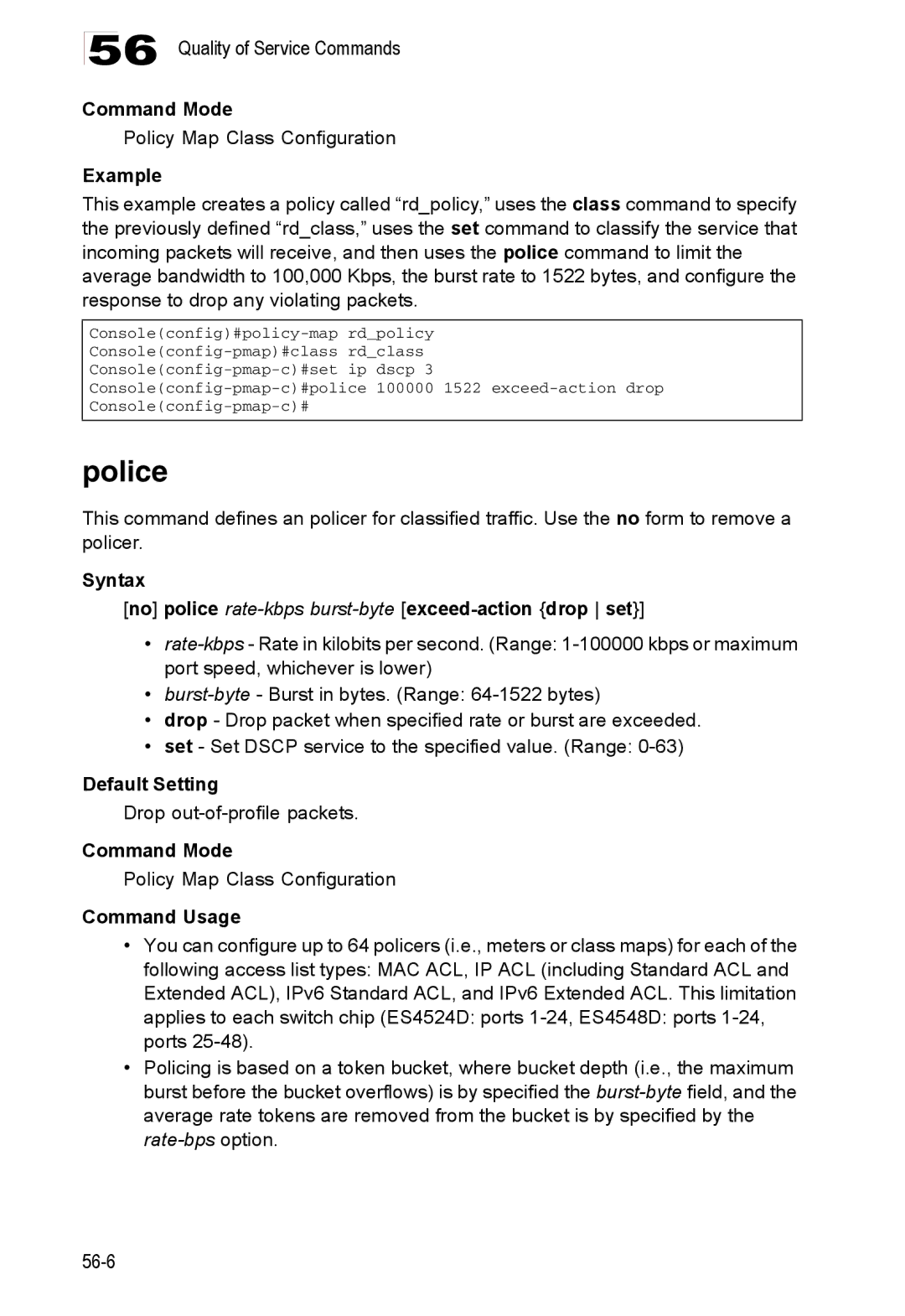 Accton Technology ES4548D, ES4524D, 24/48-Port manual Police, Policy Map Class Configuration, Drop out-of-profile packets 