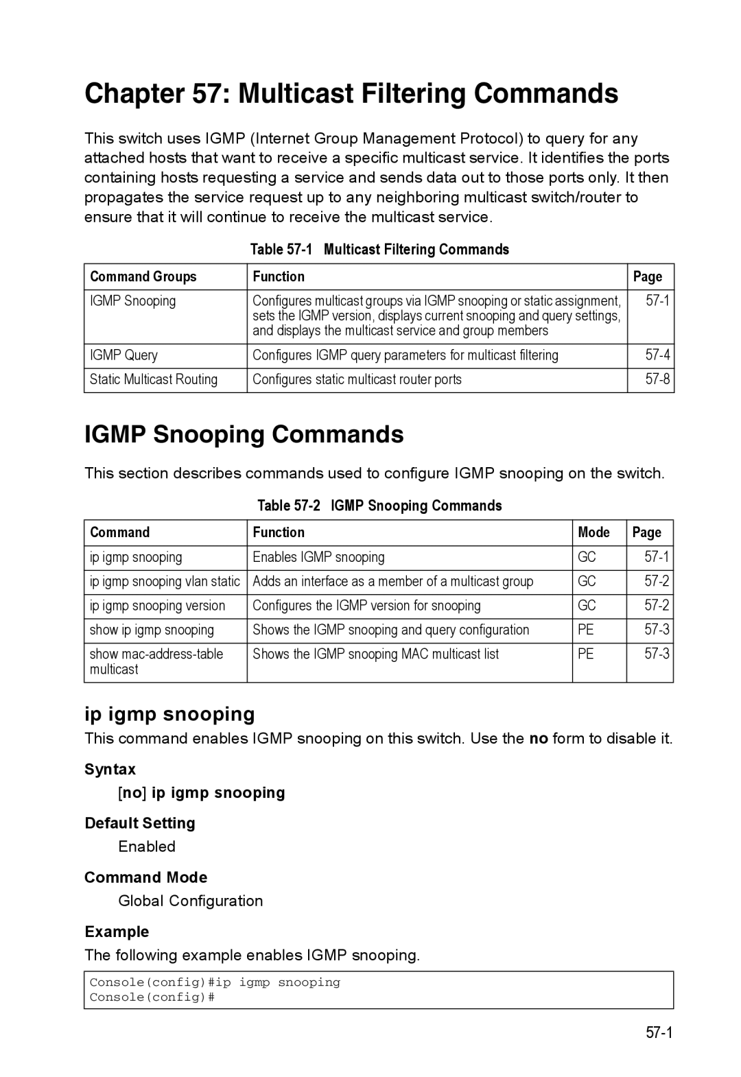 Accton Technology 24/48-Port, ES4548D, ES4524D manual Multicast Filtering Commands, Igmp Snooping Commands, Ip igmp snooping 