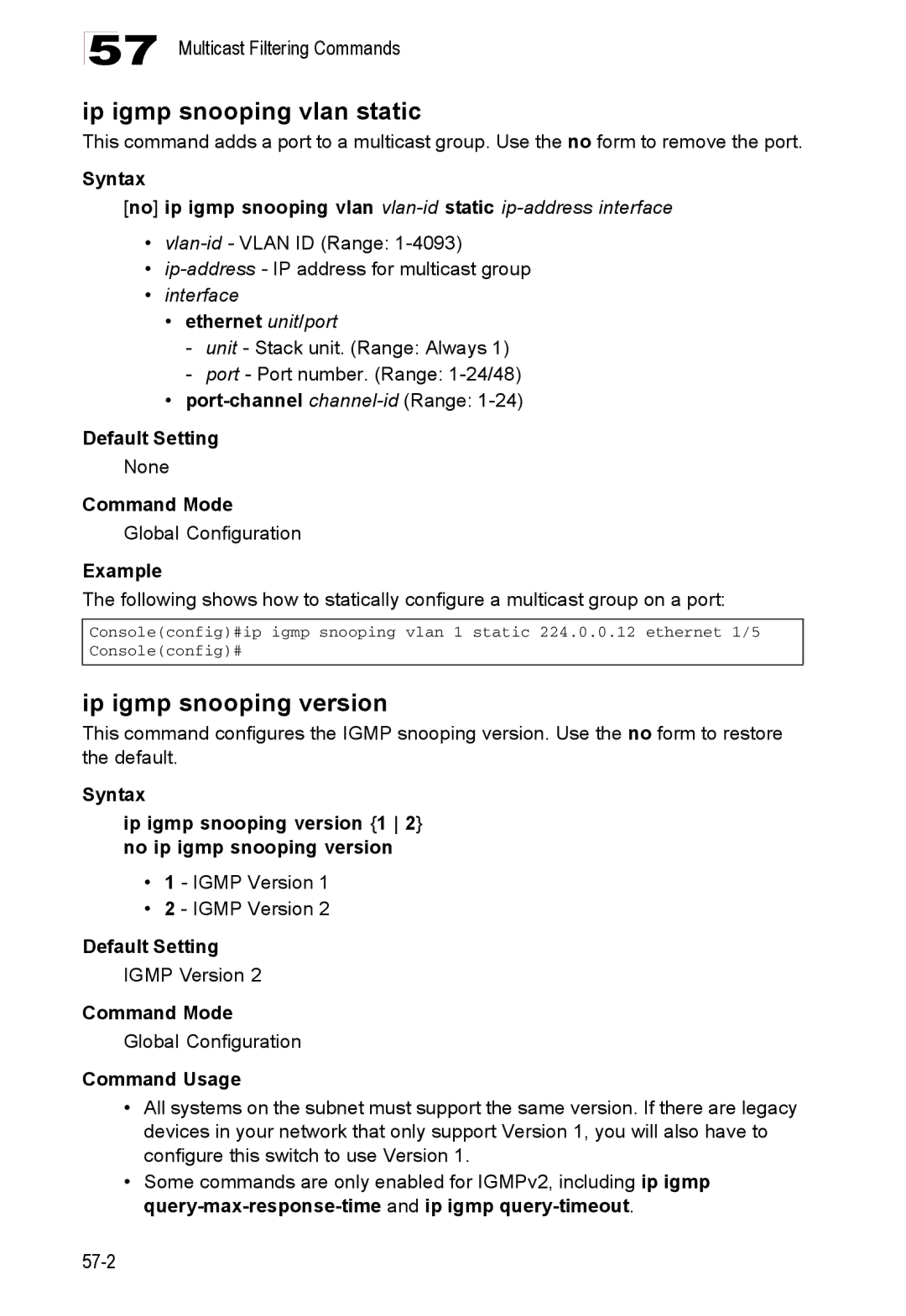 Accton Technology ES4548D, ES4524D, 24/48-Port manual Ip igmp snooping vlan static, Ip igmp snooping version, Igmp Version 