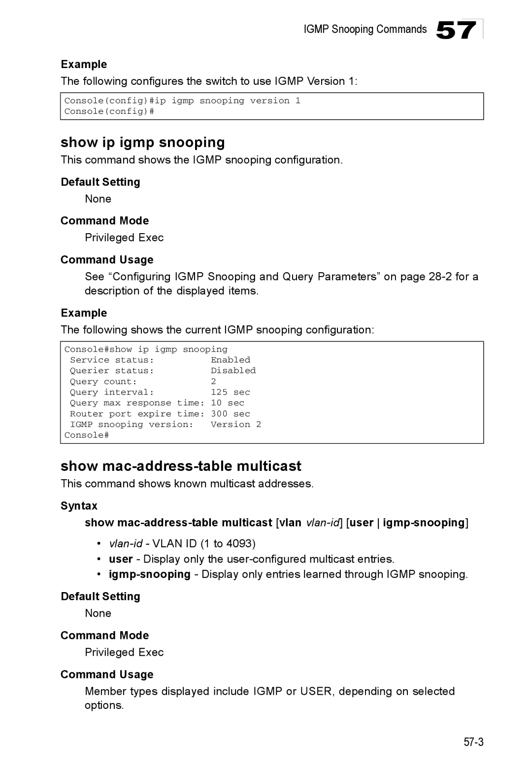 Accton Technology ES4524D, ES4548D, 24/48-Port manual Show ip igmp snooping, Show mac-address-table multicast 