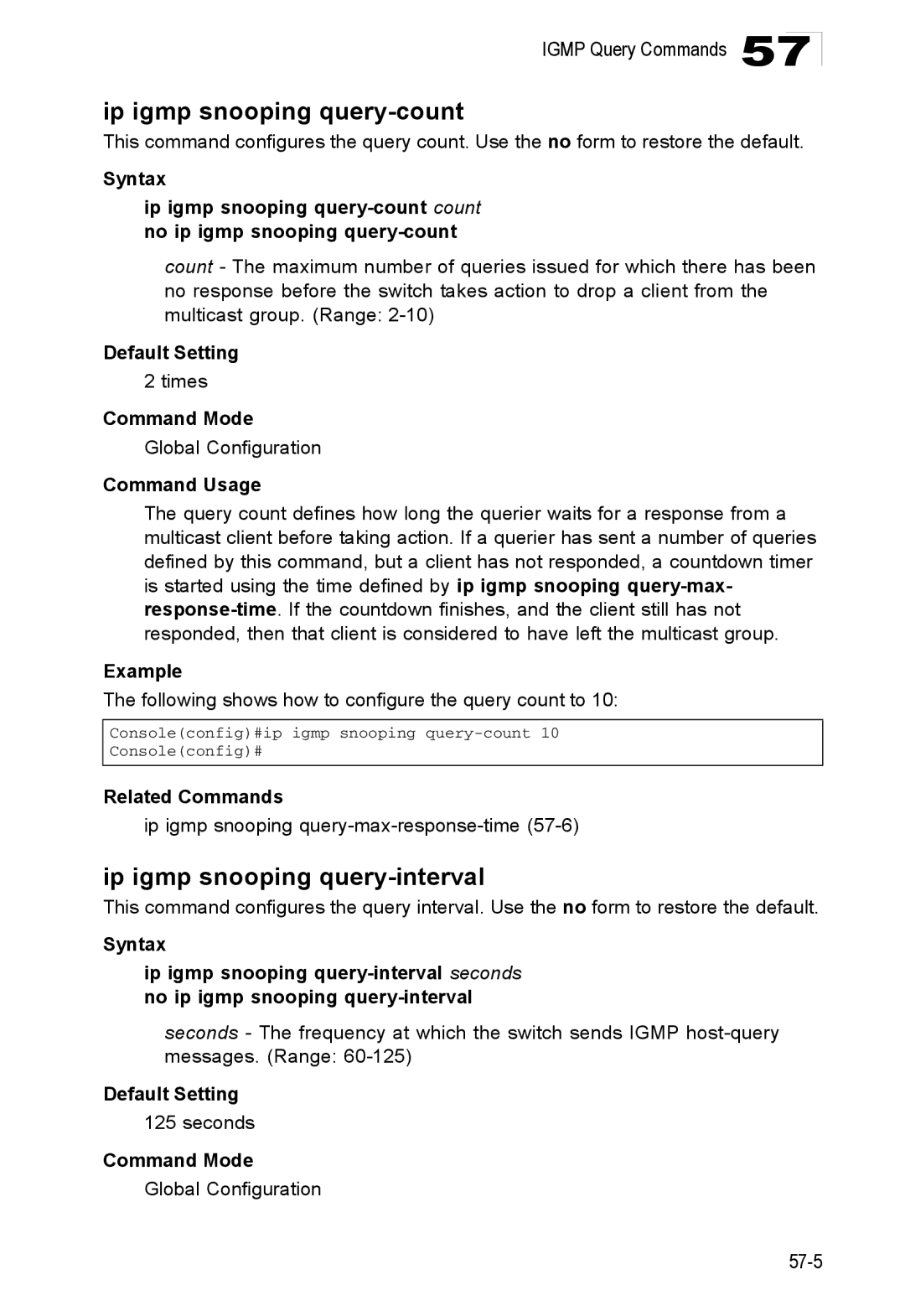 Accton Technology ES4548D, ES4524D, 24/48-Port manual Ip igmp snooping query-count, Ip igmp snooping query-interval, Times 