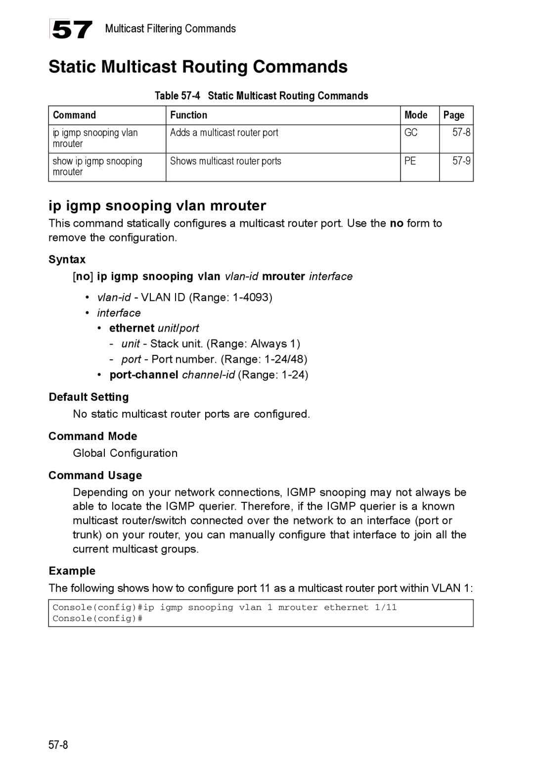 Accton Technology ES4548D, ES4524D, 24/48-Port manual Static Multicast Routing Commands, Ip igmp snooping vlan mrouter 