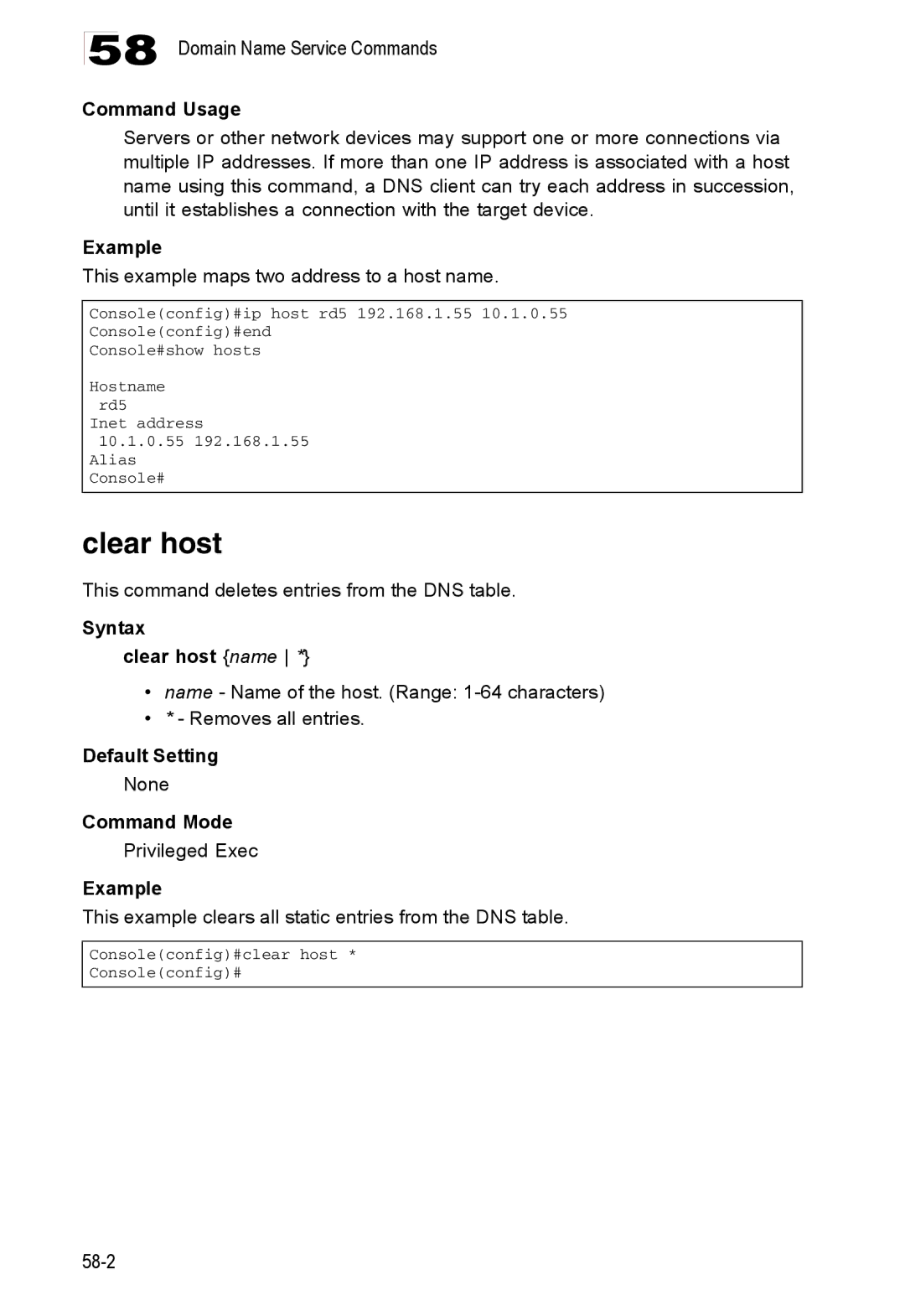 Accton Technology ES4524D, ES4548D, 24/48-Port This example maps two address to a host name, Syntax Clear host name 