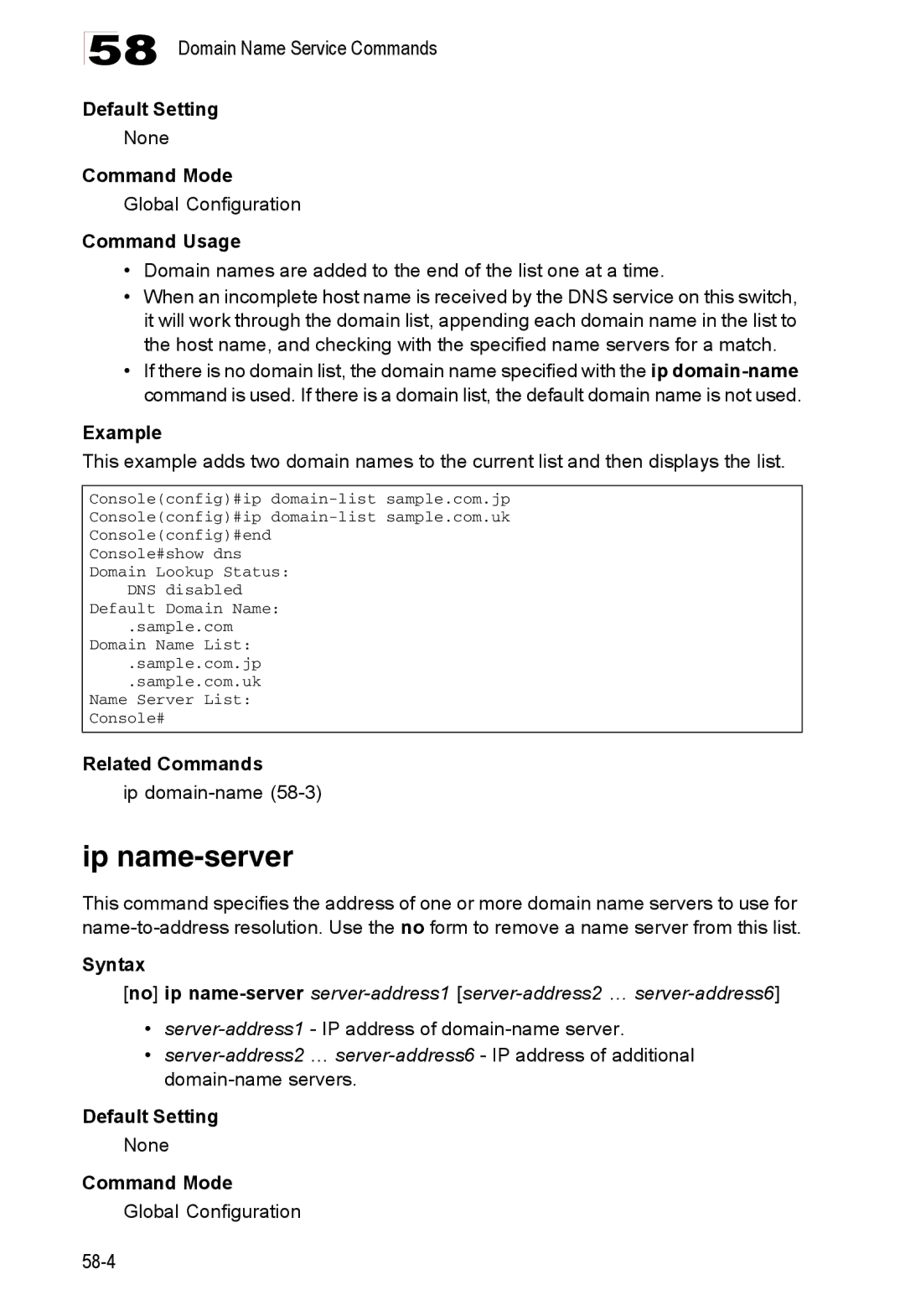 Accton Technology ES4548D, ES4524D Ip name-server, Ip domain-name58-3, Server-address1- IP address of domain-name server 