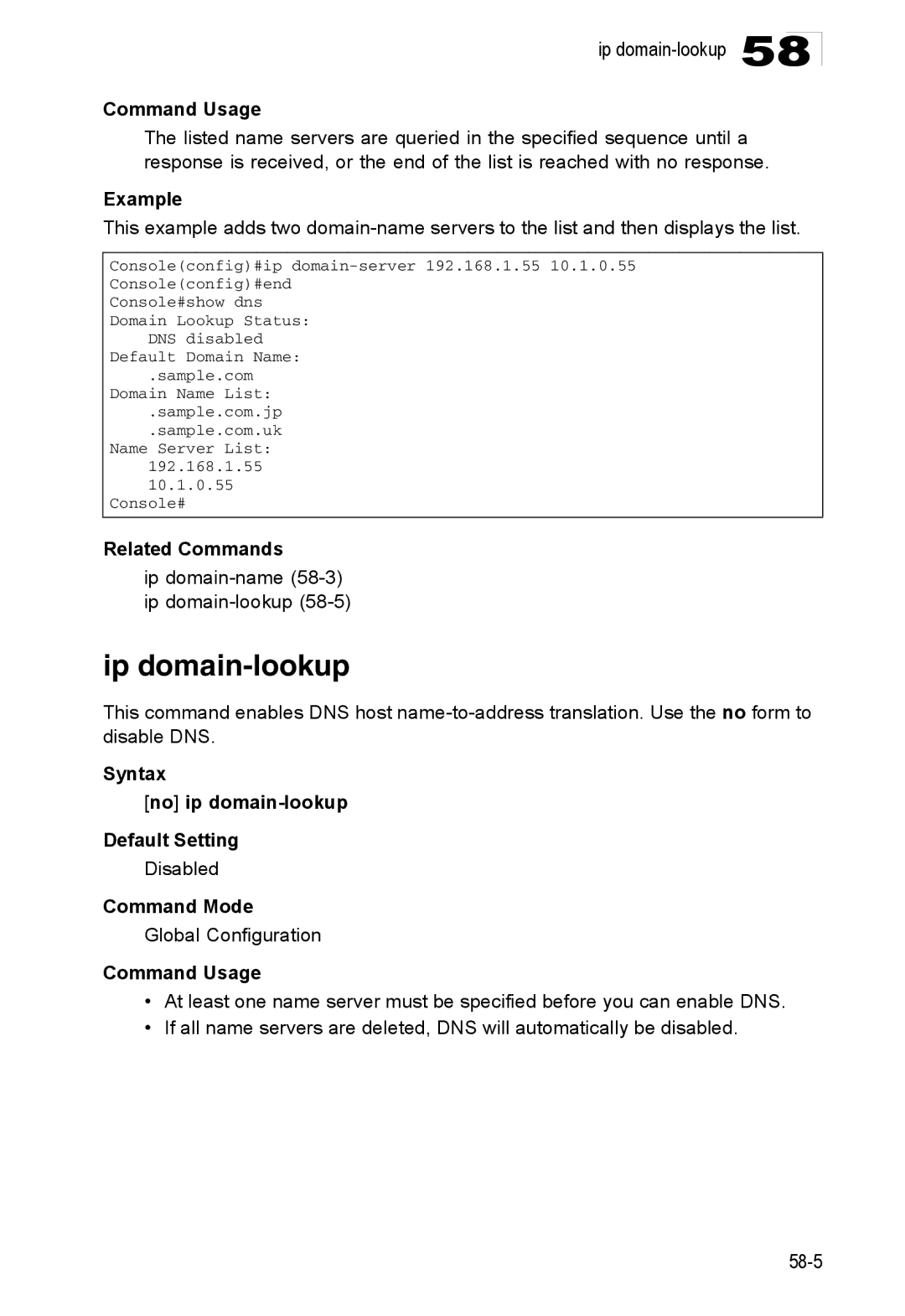 Accton Technology ES4524D, ES4548D, 24/48-Port manual Ip domain-lookup, Ip domain-name58-3 ip domain-lookup58-5 