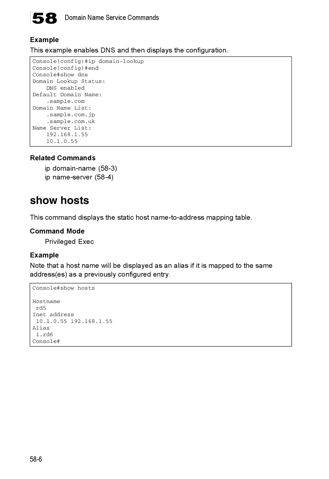 Accton Technology 24/48-Port, ES4548D, ES4524D manual Show hosts, Ip domain-name58-3 ip name-server58-4 