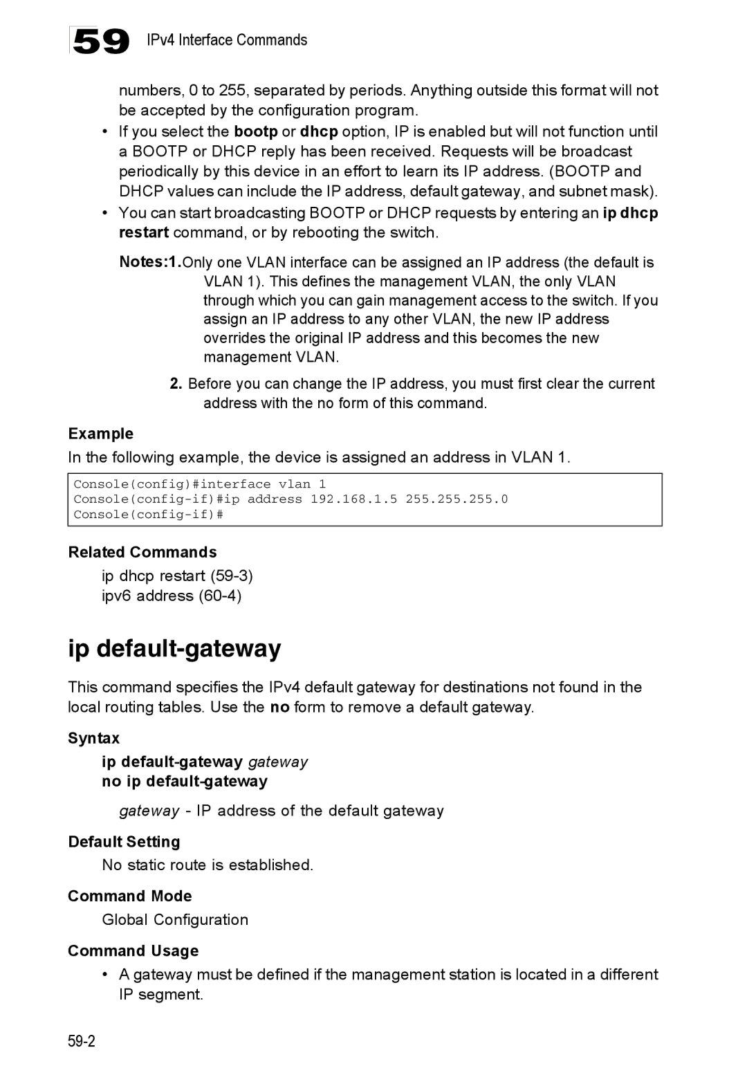 Accton Technology ES4548D Ip default-gateway, Ip dhcp restart 59-3 ipv6 address, Gateway IP address of the default gateway 