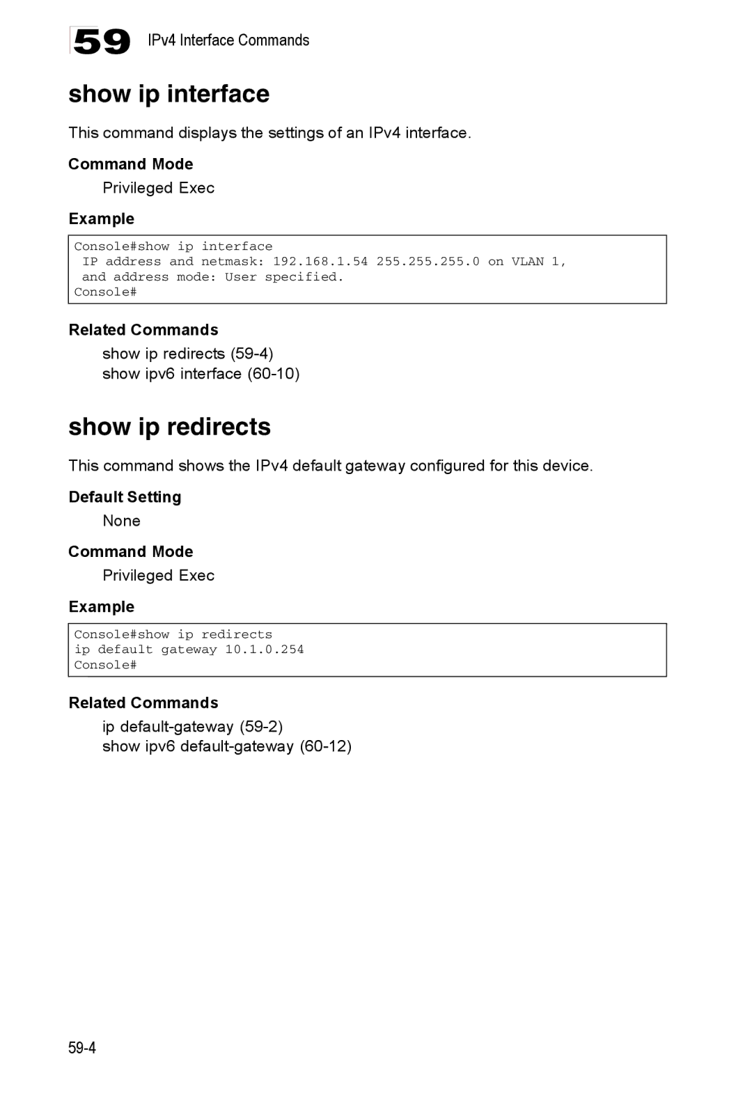 Accton Technology 24/48-Port Show ip interface, Show ip redirects, This command displays the settings of an IPv4 interface 