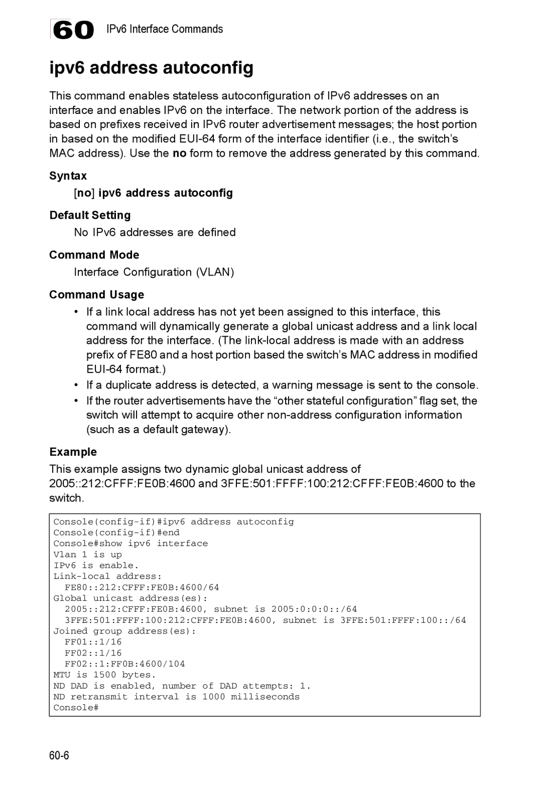 Accton Technology ES4524D, ES4548D, 24/48-Port Ipv6 address autoconfig, Syntax No ipv6 address autoconfig Default Setting 