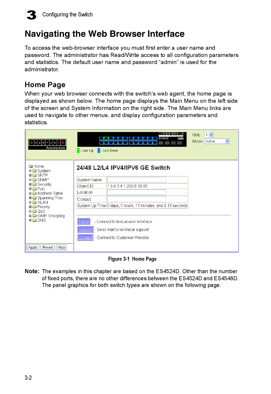 Accton Technology ES4548D, ES4524D, 24/48-Port manual Navigating the Web Browser Interface, Home 