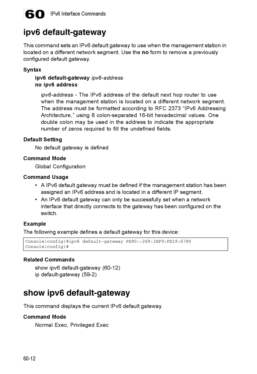 Accton Technology ES4524D, ES4548D, 24/48-Port manual Ipv6 default-gateway, Show ipv6 default-gateway 