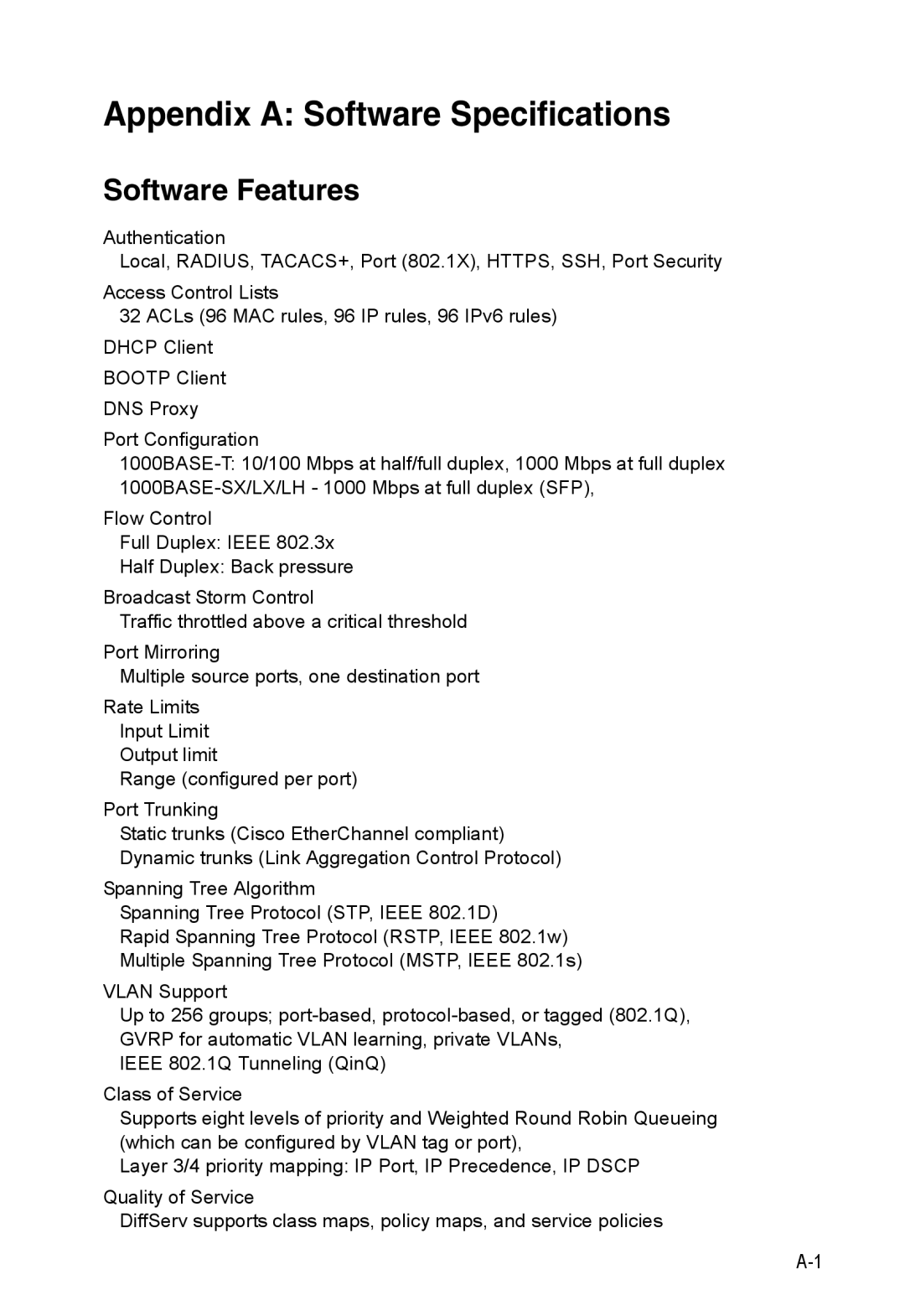 Accton Technology 24/48-Port, ES4548D, ES4524D manual Appendix a Software Specifications, Software Features 