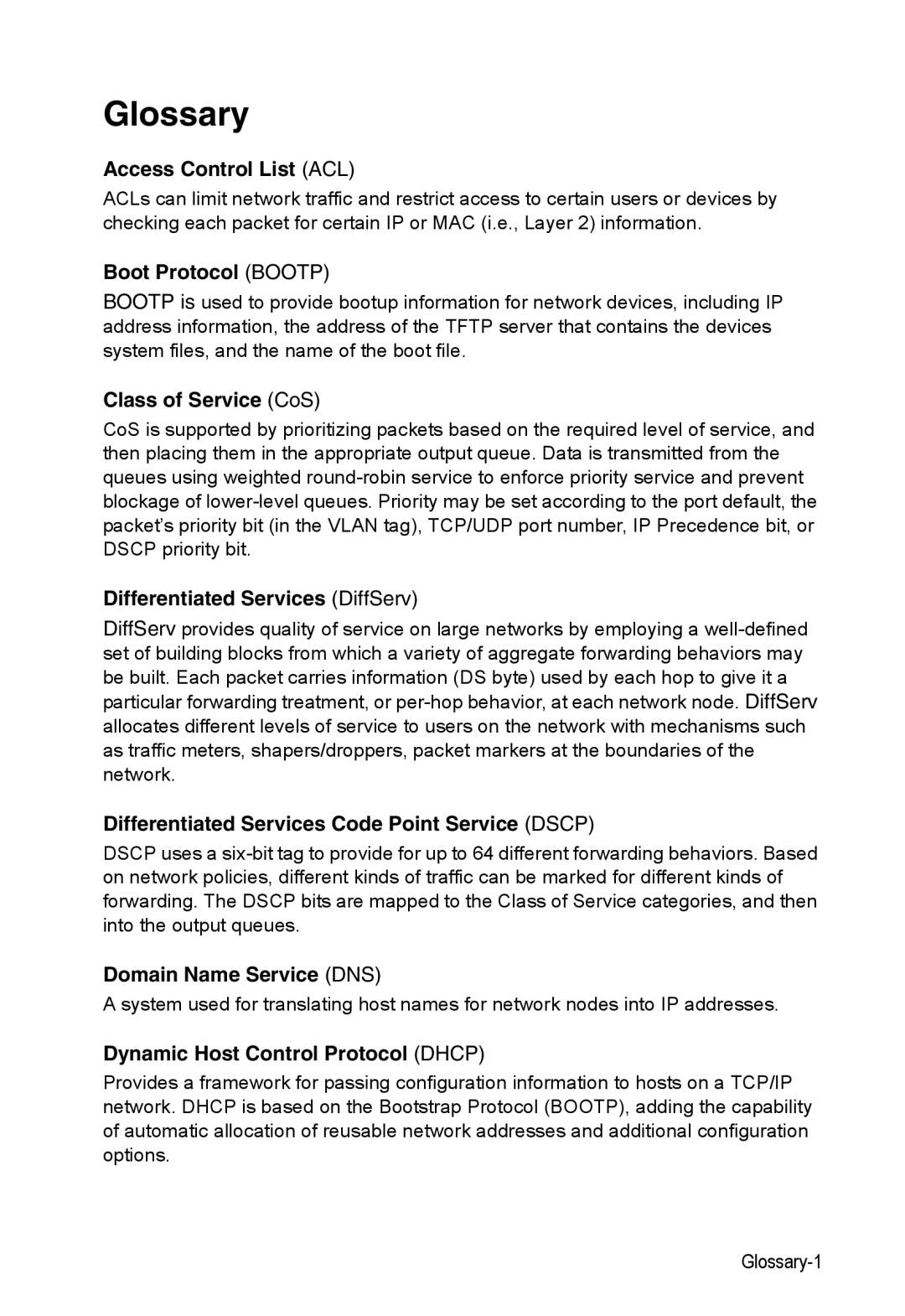 Accton Technology 24/48-Port, ES4548D, ES4524D manual Glossary, Access Control List ACL 