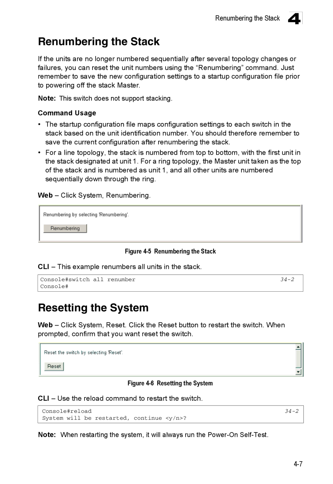 Accton Technology ES4524D Renumbering the Stack, Resetting the System, CLI This example renumbers all units in the stack 