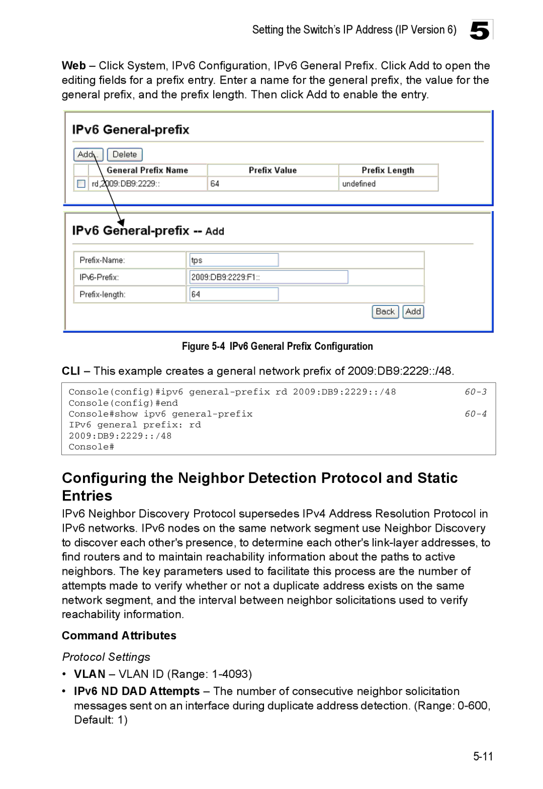 Accton Technology ES4524D, ES4548D, 24/48-Port manual IPv6 General Prefix Configuration, Protocol Settings 