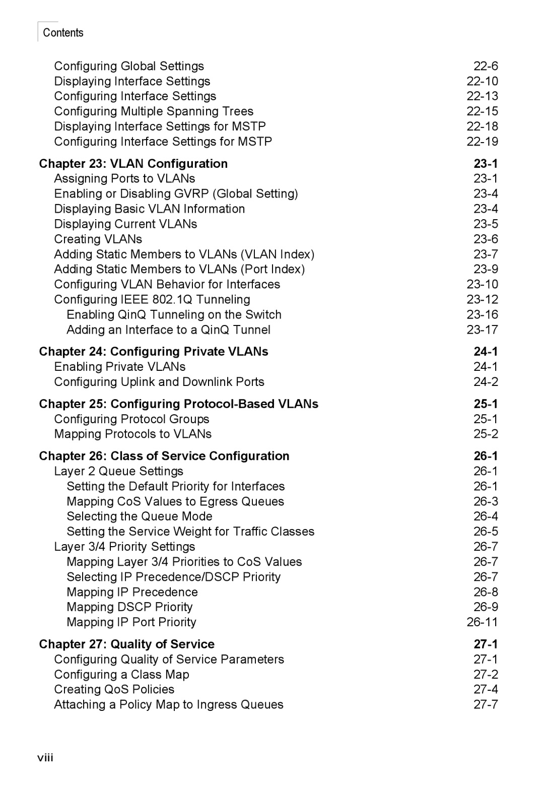 Accton Technology 24/48-Port, ES4548D, ES4524D manual Vlan Configuration 23-1, Viii 