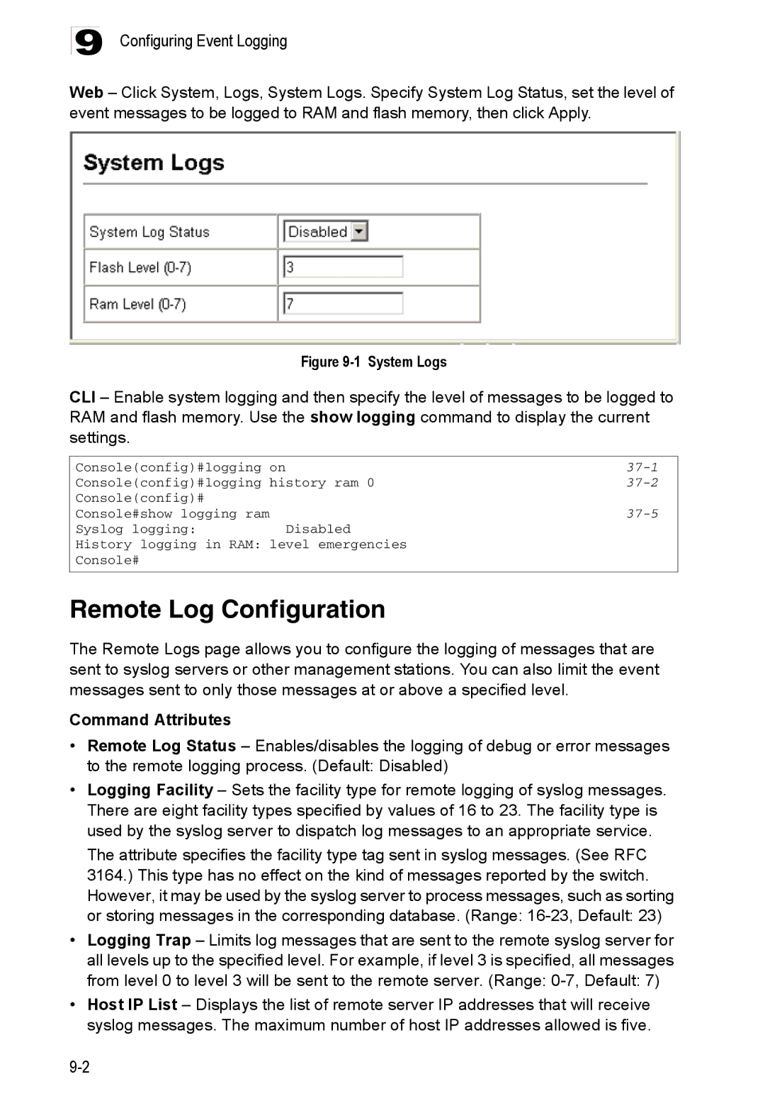 Accton Technology ES4524D, ES4548D, 24/48-Port manual Remote Log Configuration, 37-1, 37-2, 37-5 