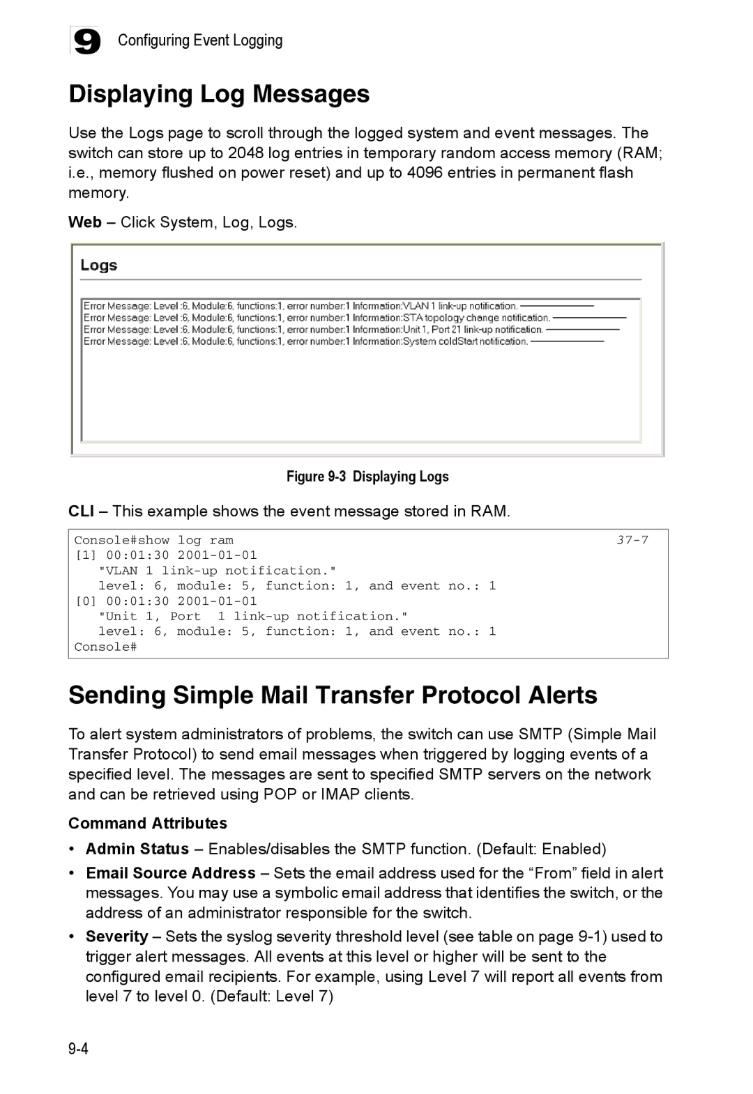 Accton Technology ES4548D, ES4524D, 24/48-Port Displaying Log Messages, Sending Simple Mail Transfer Protocol Alerts, 37-7 