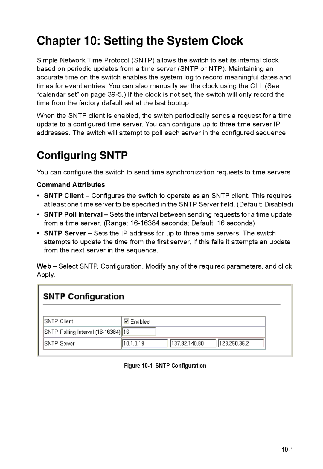 Accton Technology ES4548D, ES4524D, 24/48-Port manual Setting the System Clock, Configuring Sntp 