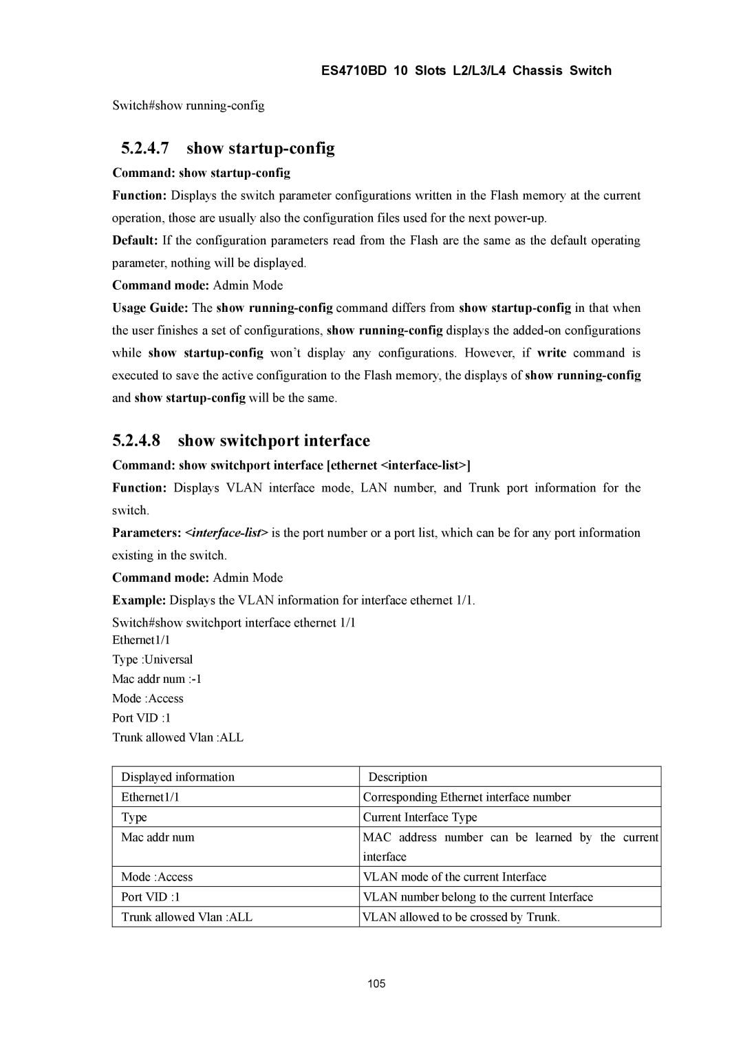 Accton Technology ES4710BD manual Show startup-config, Show switchport interface, Command show startup-config 