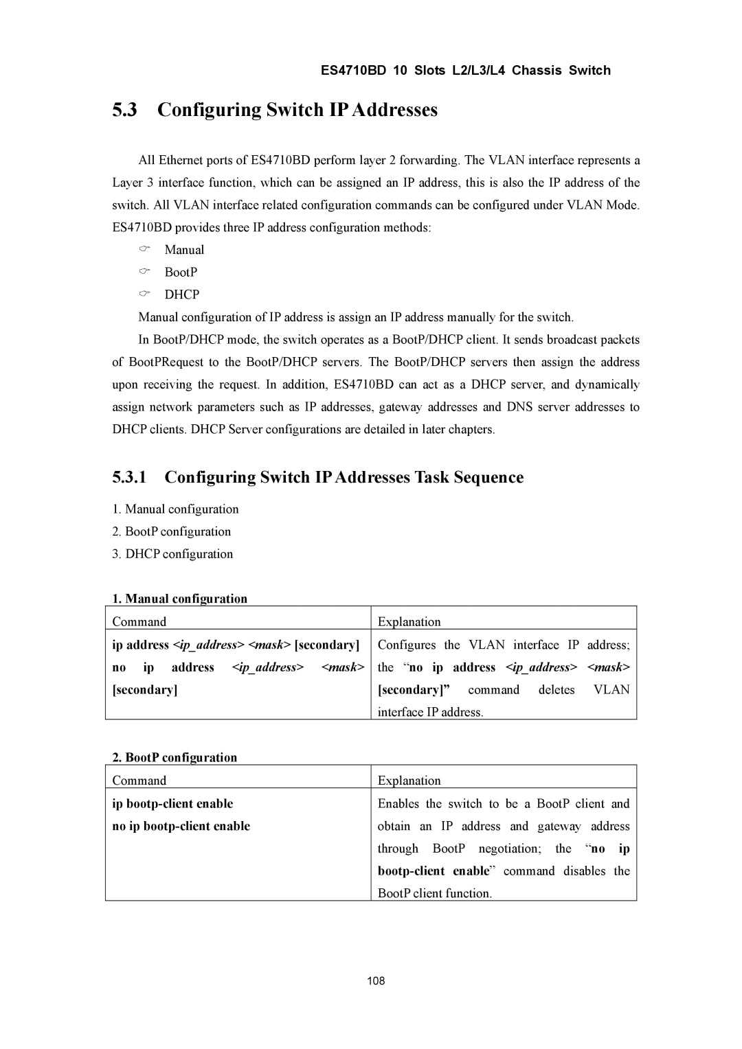 Accton Technology ES4710BD manual Configuring Switch IP Addresses Task Sequence, No ip address ipaddress mask 