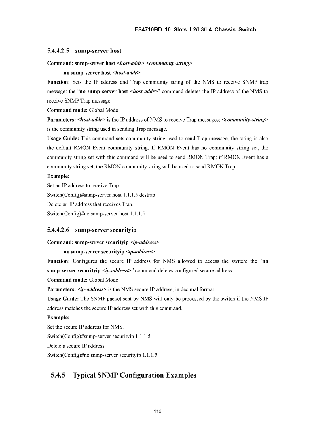 Accton Technology ES4710BD manual Typical Snmp Configuration Examples, Snmp-server host, Snmp-server securityip 