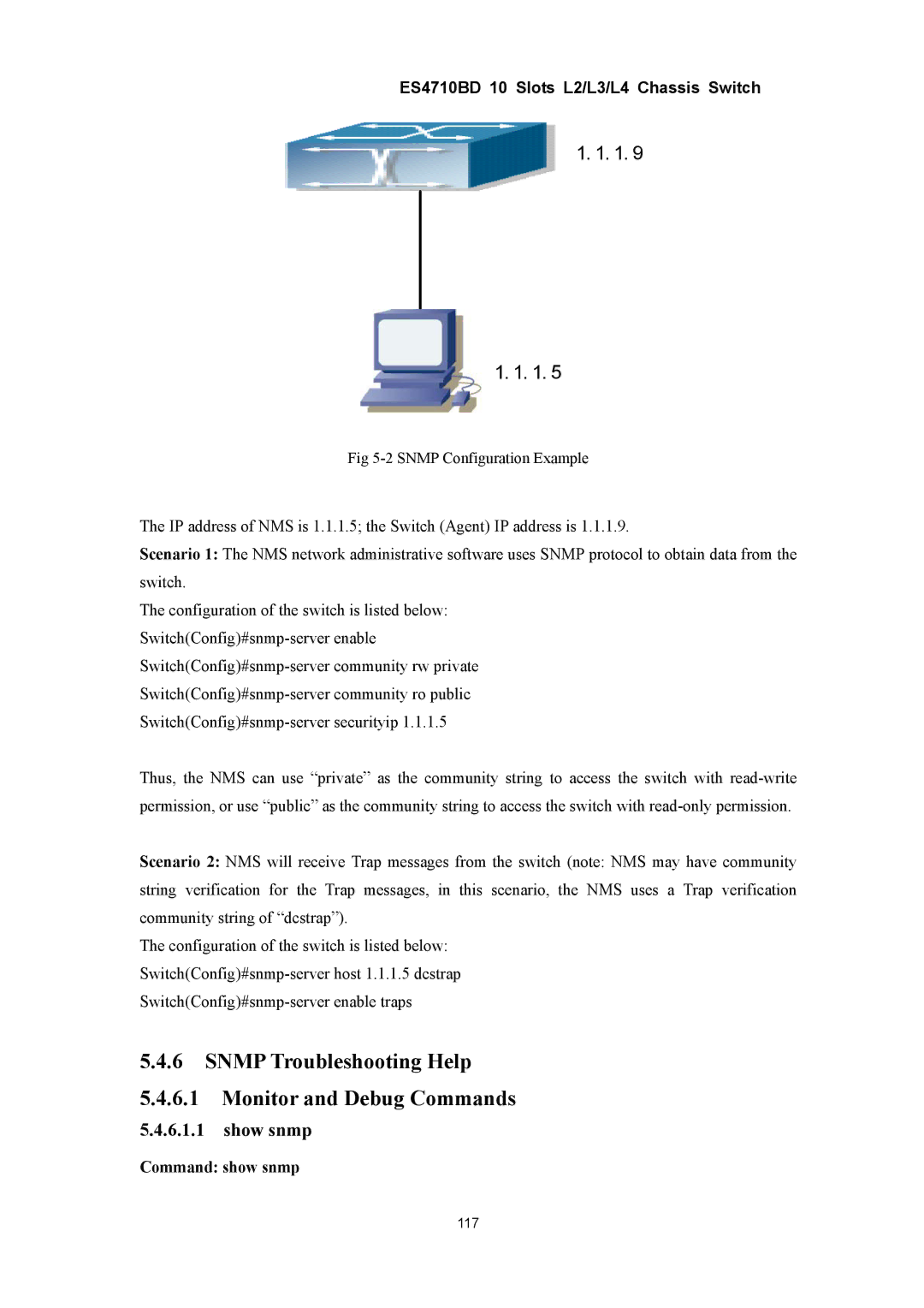 Accton Technology ES4710BD manual Snmp Troubleshooting Help Monitor and Debug Commands, Show snmp, Command show snmp 