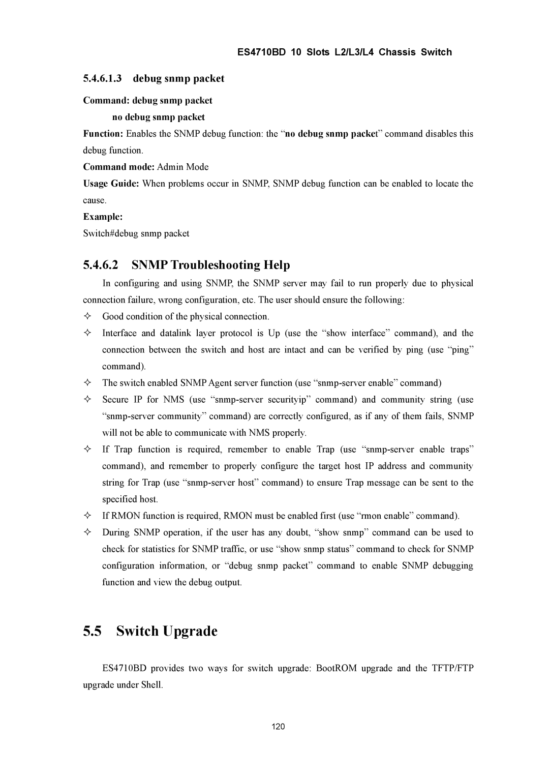 Accton Technology ES4710BD manual Switch Upgrade, Snmp Troubleshooting Help, Debug snmp packet 