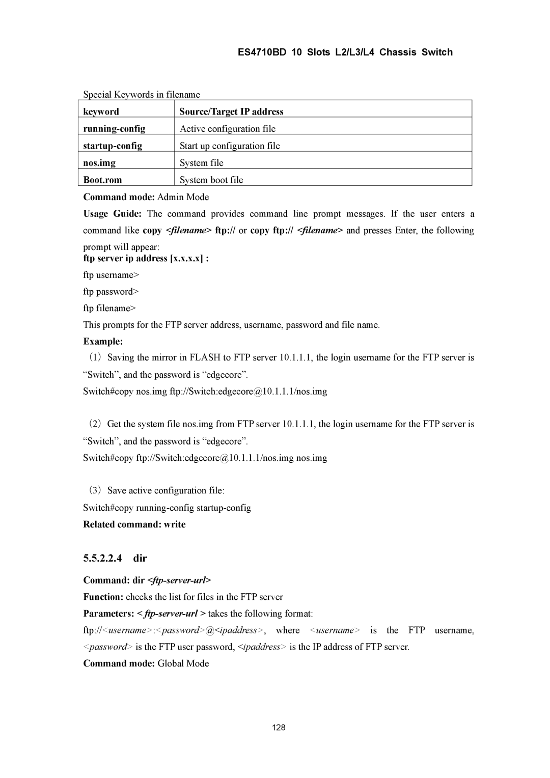 Accton Technology ES4710BD manual 2.2.4 dir, Ftp server ip address, Related command write, Command dir ftp-server-url 