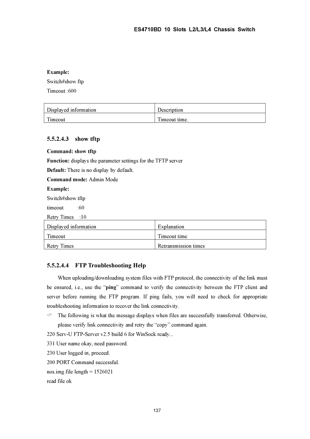 Accton Technology ES4710BD manual Show tftp Command show tftp, FTP Troubleshooting Help 