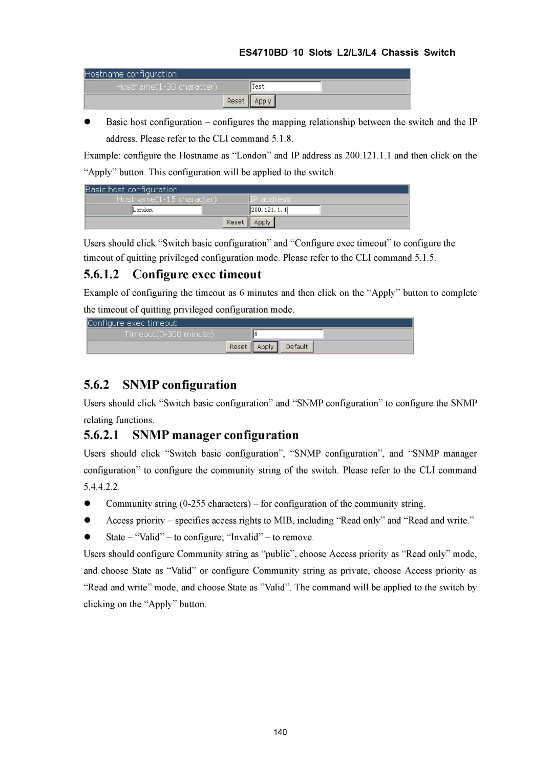 Accton Technology ES4710BD manual Configure exec timeout, Snmp configuration, Snmp manager configuration 