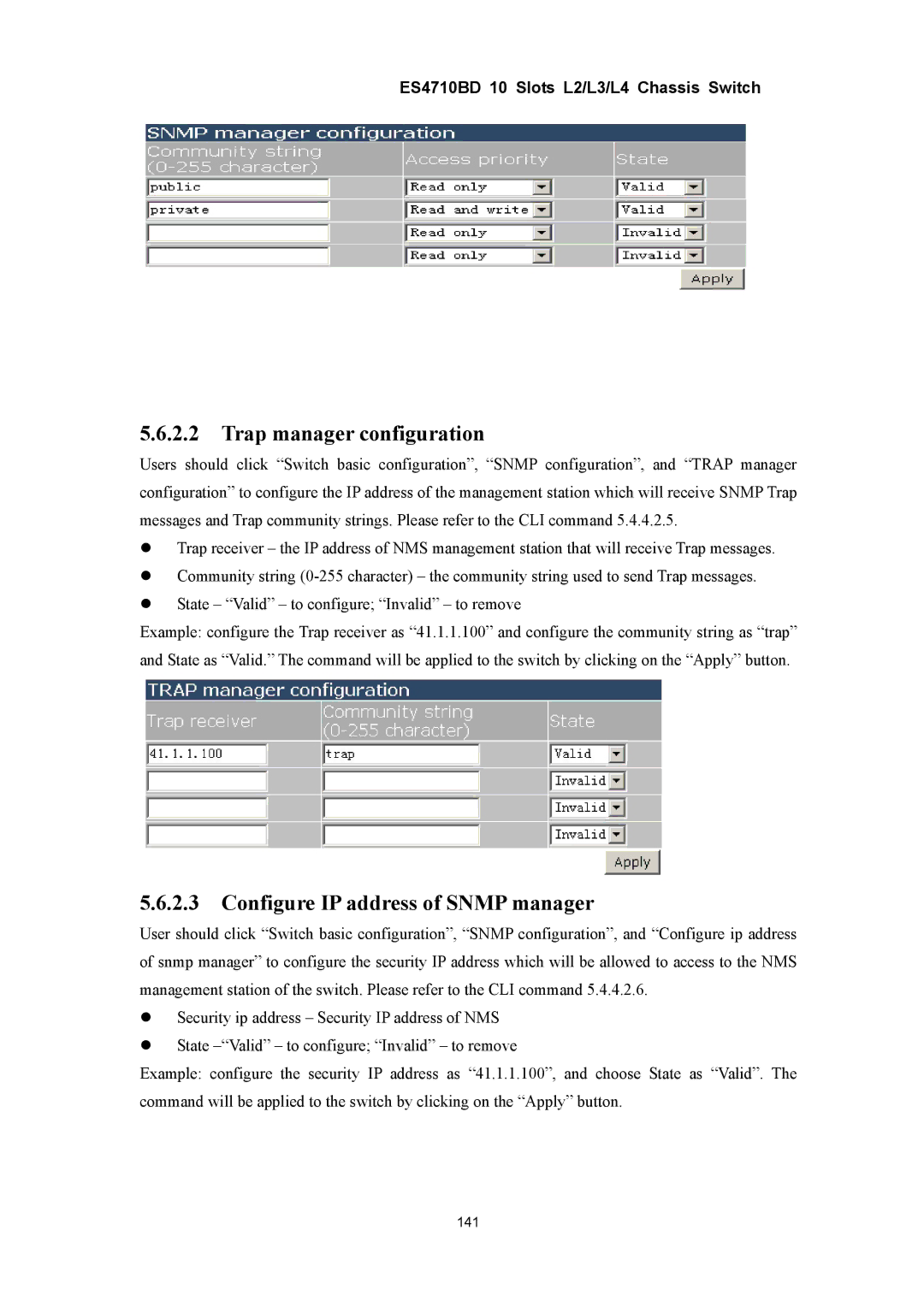 Accton Technology ES4710BD manual Trap manager configuration, Configure IP address of Snmp manager 