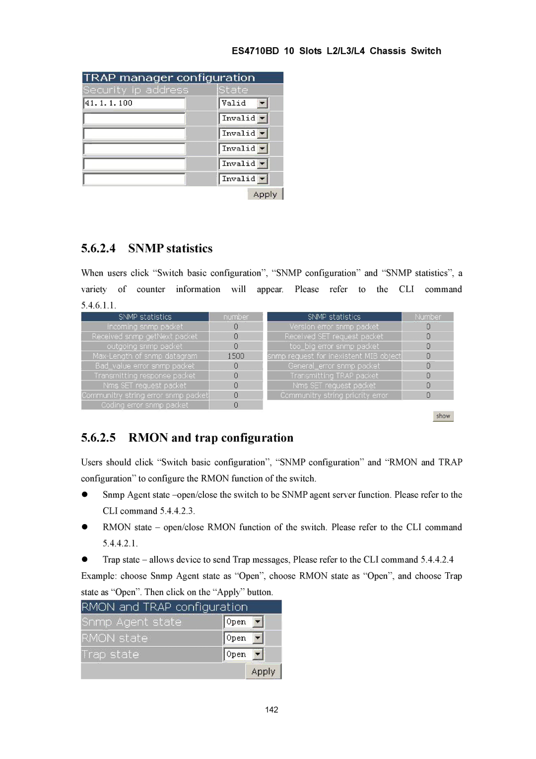 Accton Technology ES4710BD manual Snmp statistics, Rmon and trap configuration 