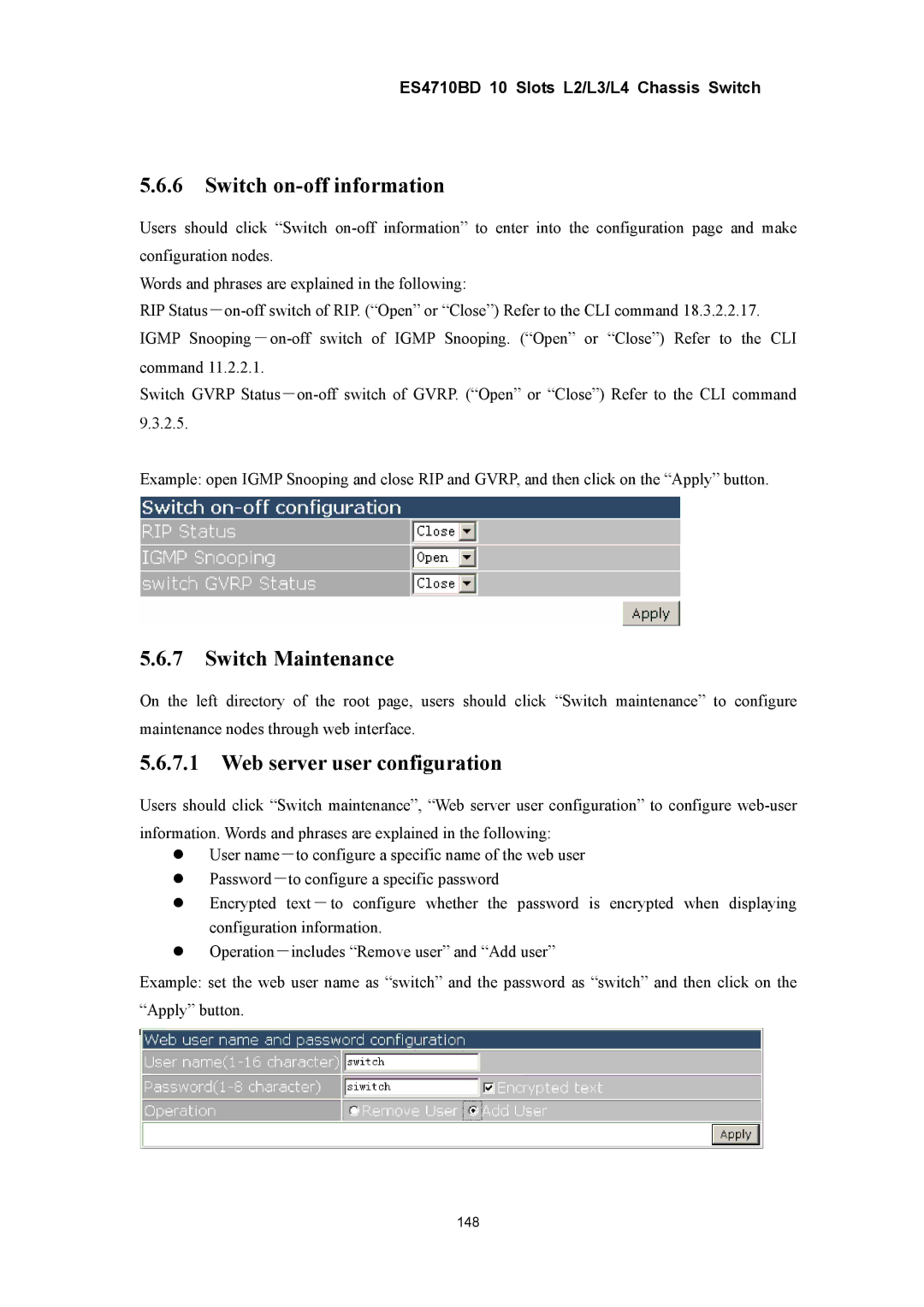 Accton Technology ES4710BD manual Switch on-off information, Switch Maintenance, Web server user configuration 