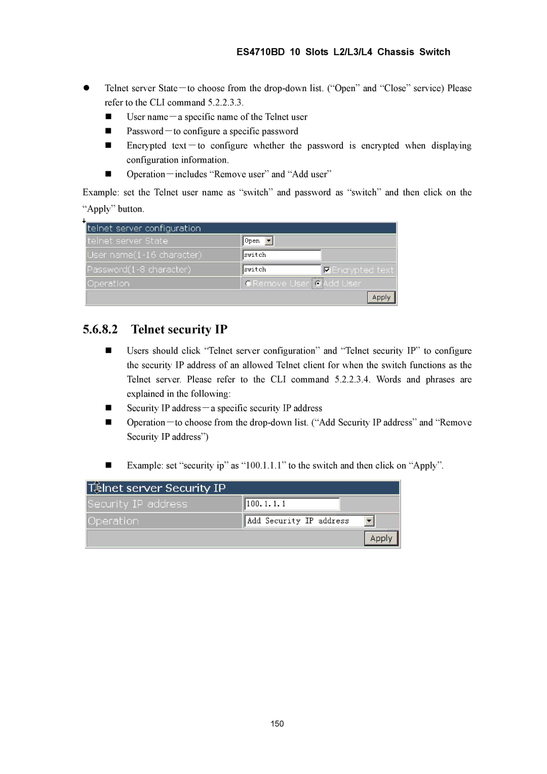 Accton Technology ES4710BD manual Telnet security IP 