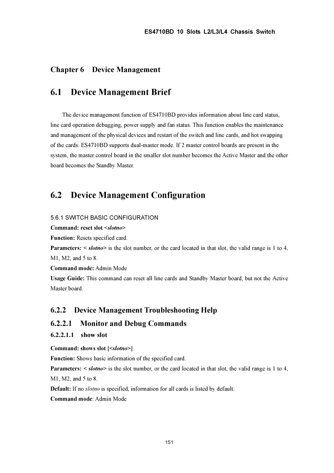 Accton Technology ES4710BD manual Device Management Brief, Device Management Configuration, Show slot 